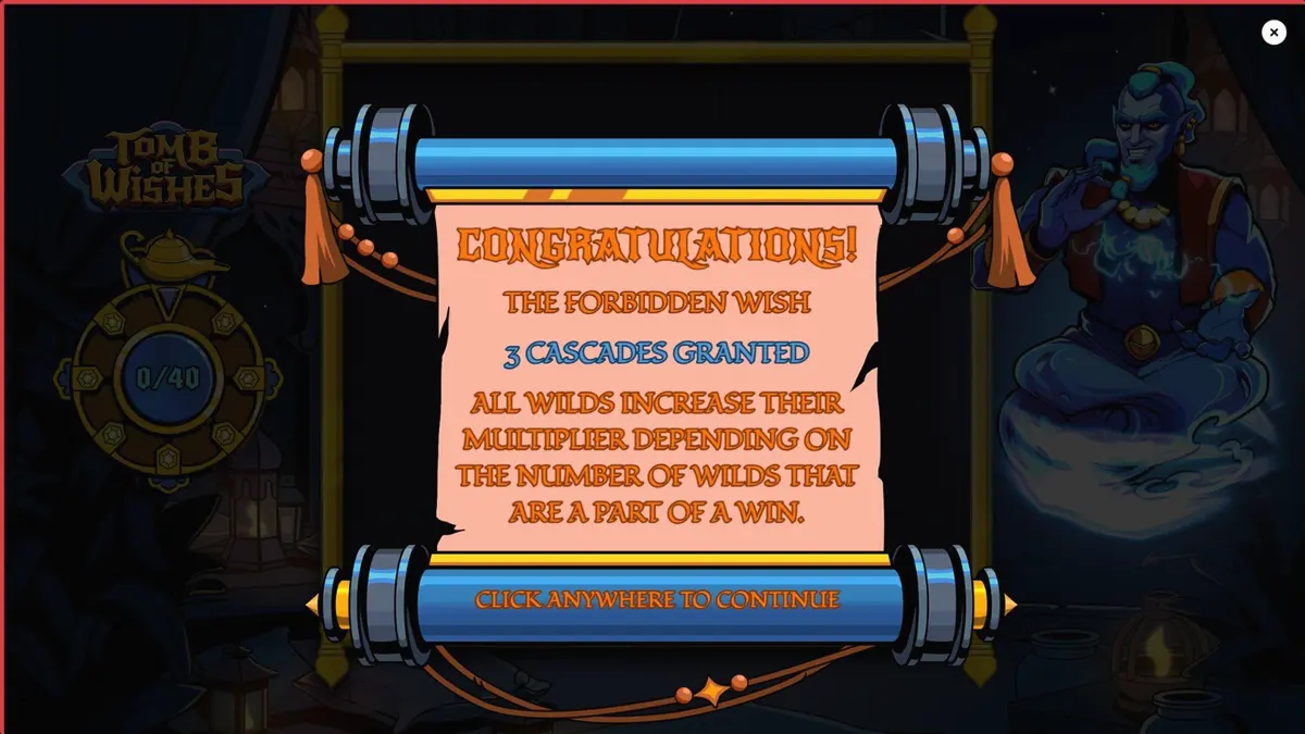 Tomb of Wishes slot machine screen with Arabian treasure chamber theme