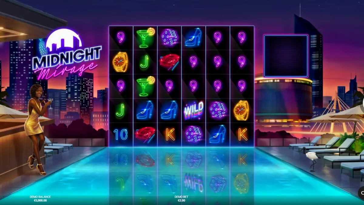 Midnight Mirage slot neon skyline background