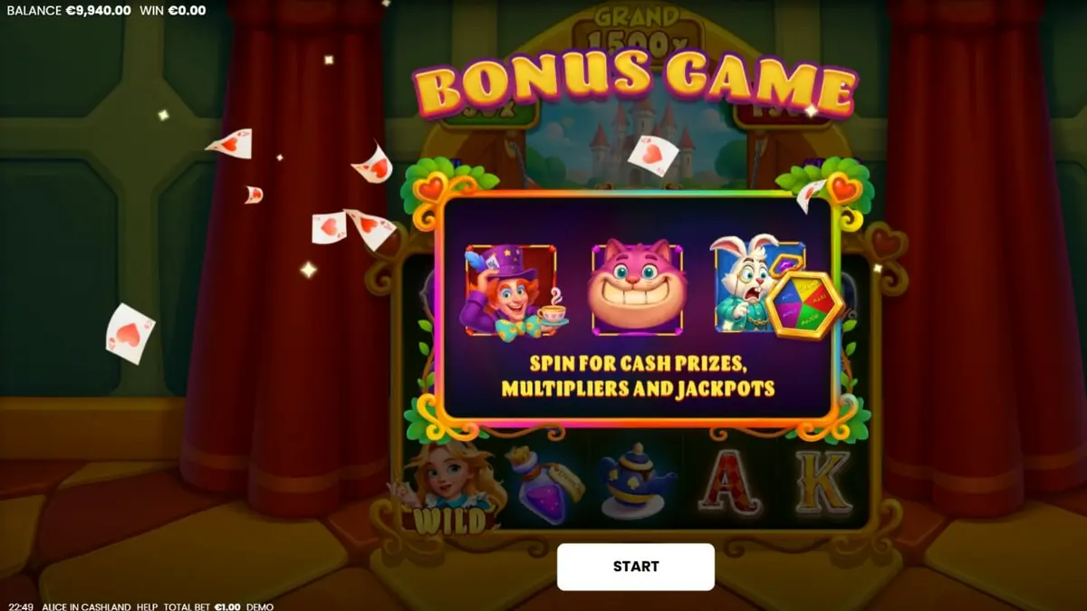 Tampilan visual slot Alice in Cashland dengan tema Wonderland